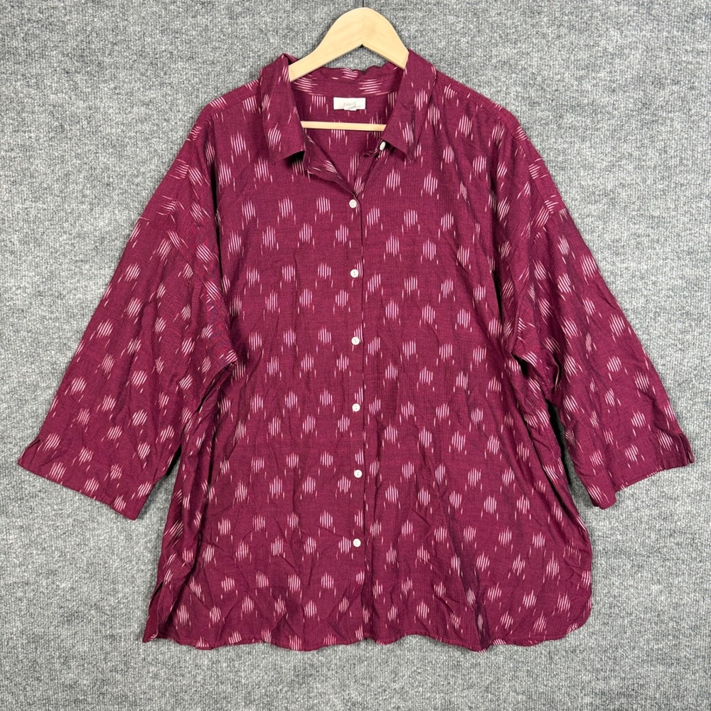 Purejill Plus Sz 2X Tunic Shirt Maroon Cotton Abstract Print Button Up Lagenlook